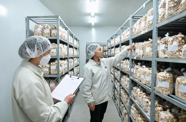 Mushroom cultivation team checking bag labels