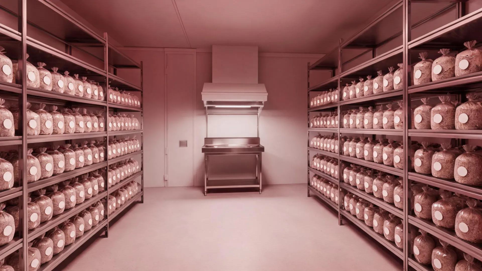 Mushroom spawn bags on racks in a controlled cultivation room